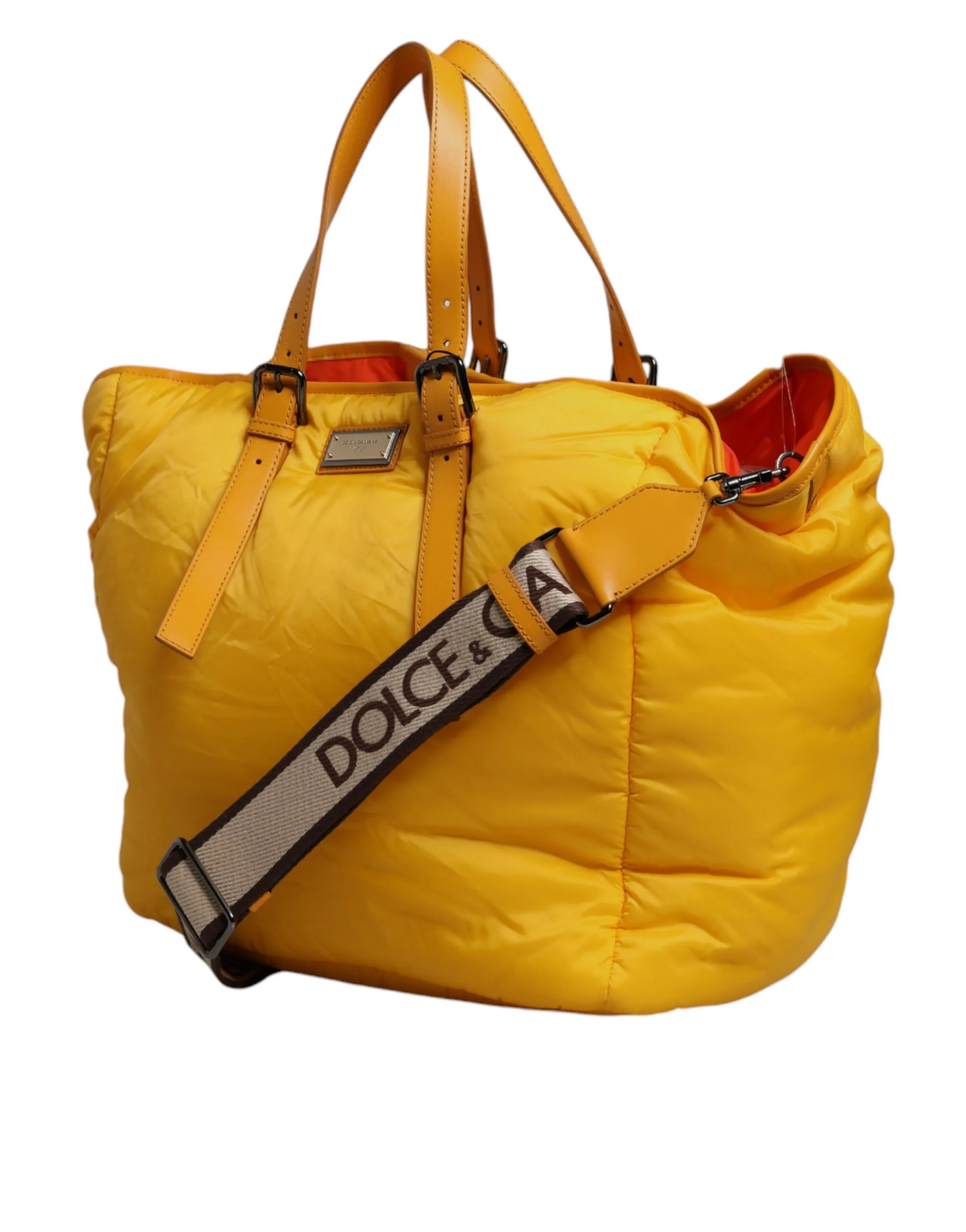Yellow Orange Nylon Logo Plaque Hand Shoulder Duffle Bag - Image 3