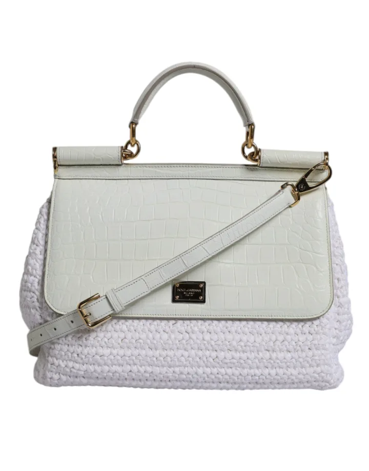 White Rafia Leather Top Handle Crossbody Bag