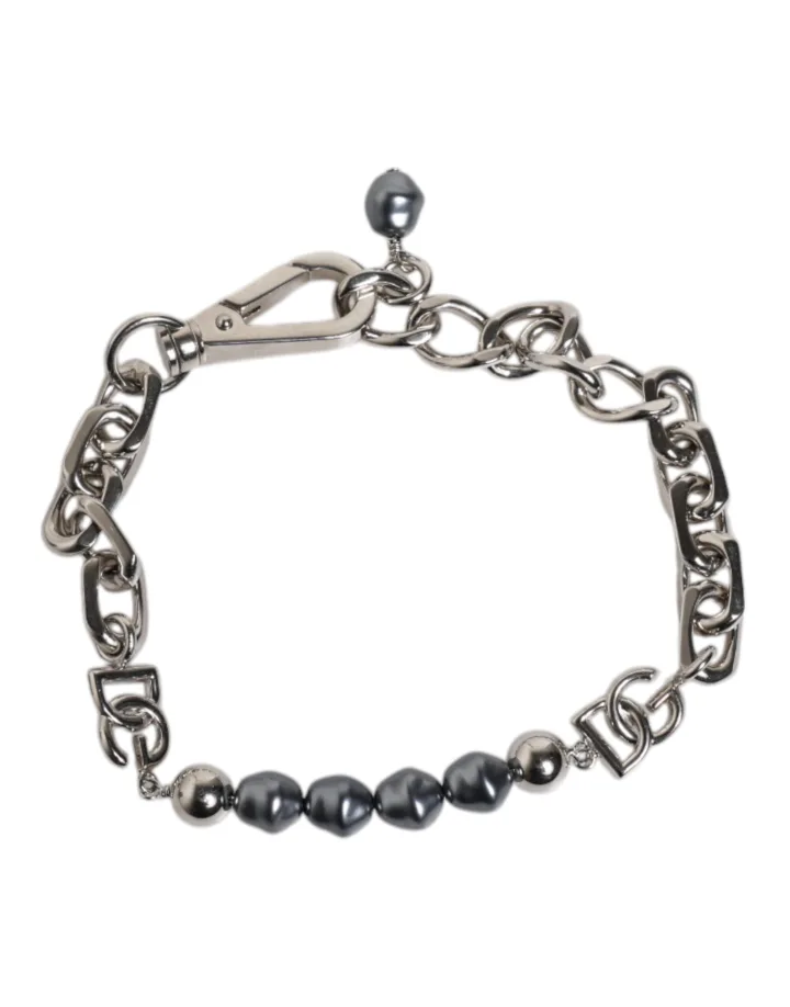 Silver Tone Chain Lobster Clasp Logo Gray Pearls Bracelet