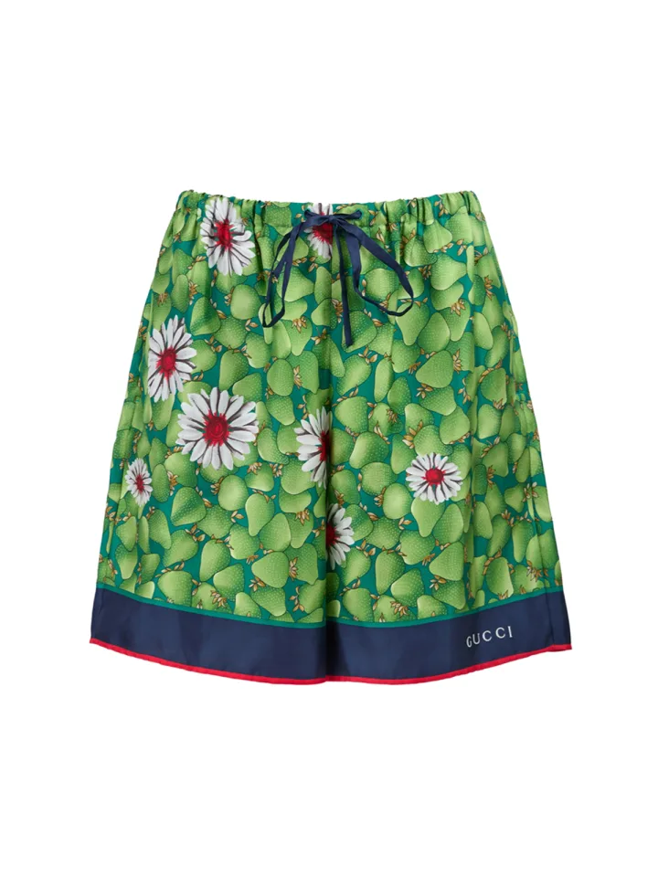 Green Flower Printed Silk Shorts