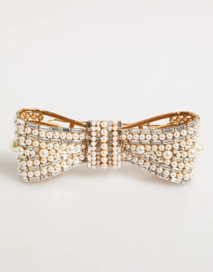 Gold Brass Glas Crystal Faux Pearl Embellished Brooch