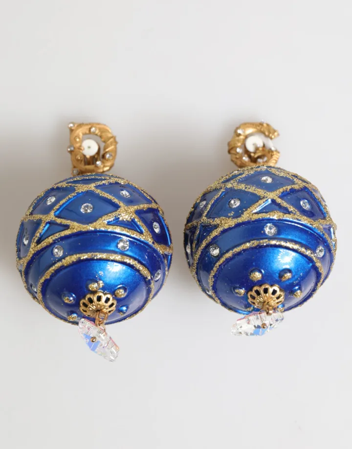 Gold Brass Blue Christmas Ball Crystal Drop Clip On Earrings