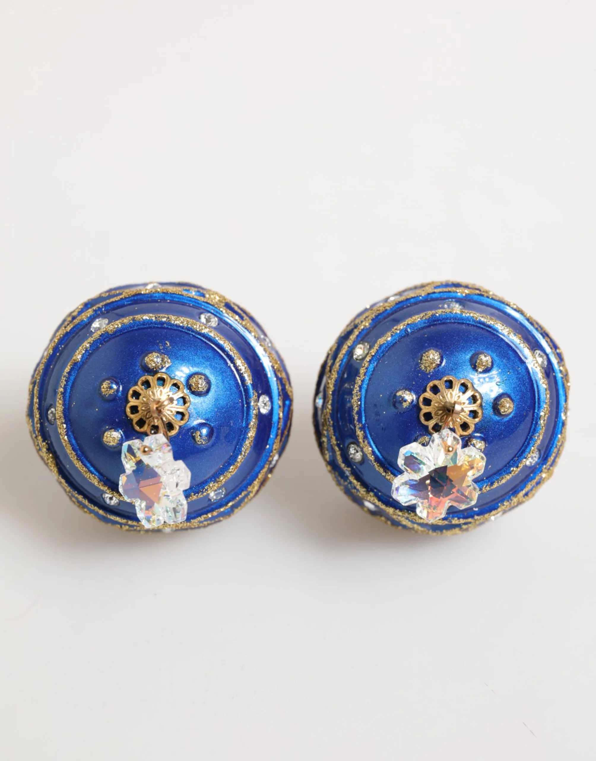 Gold Brass Blue Christmas Ball Crystal Drop Clip On Earrings - Image 2