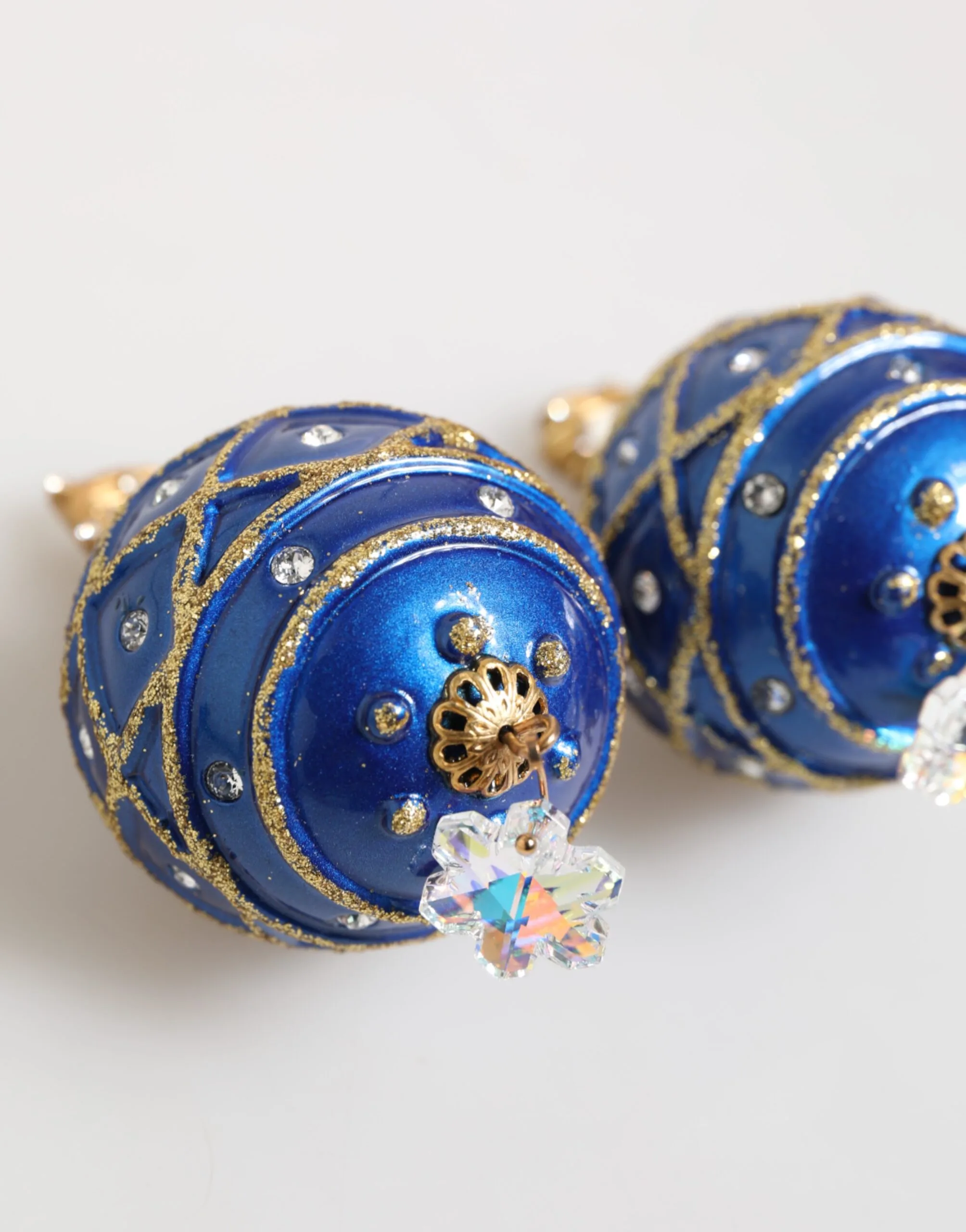Gold Brass Blue Christmas Ball Crystal Drop Clip On Earrings - Image 3