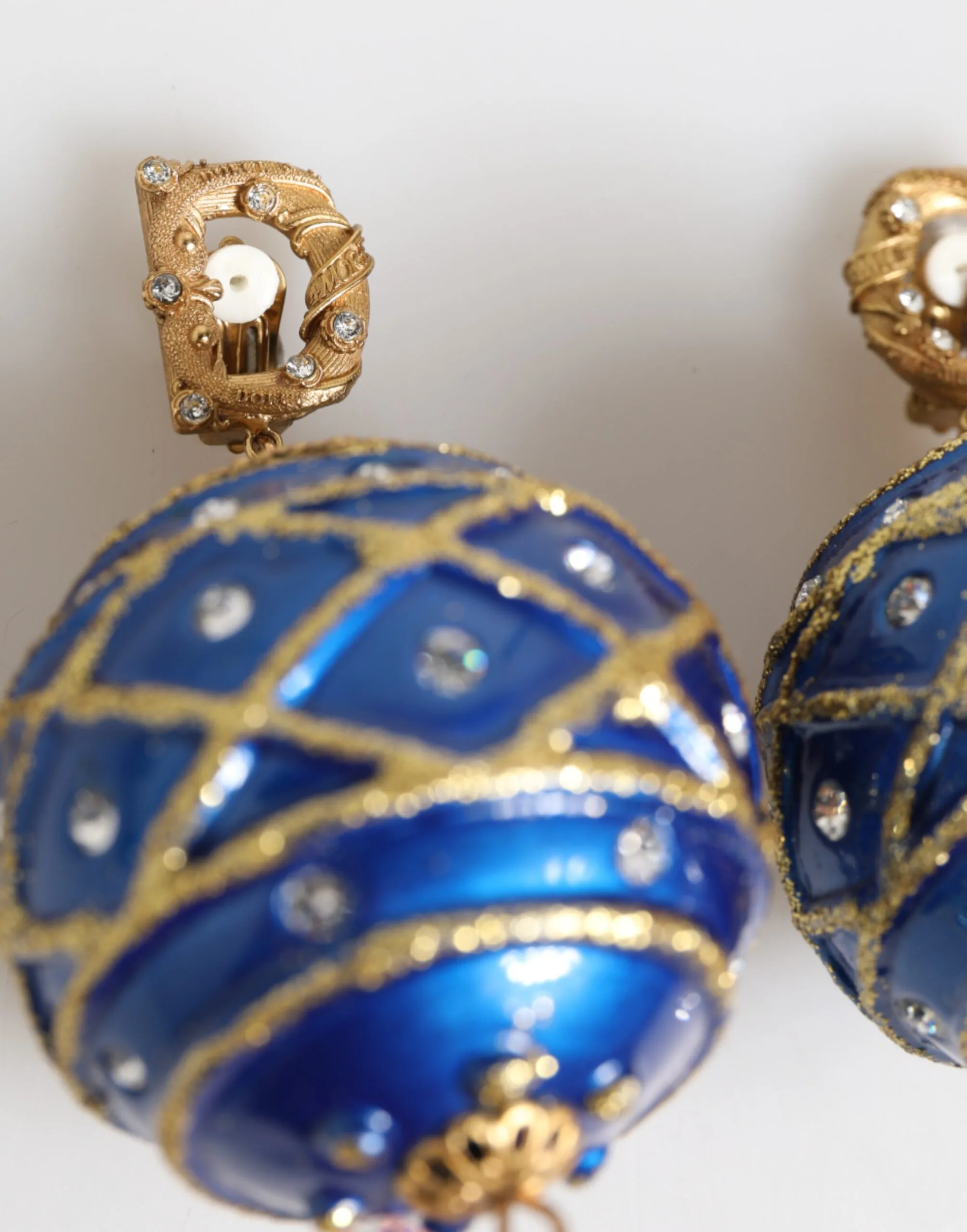 Gold Brass Blue Christmas Ball Crystal Drop Clip On Earrings - Image 4