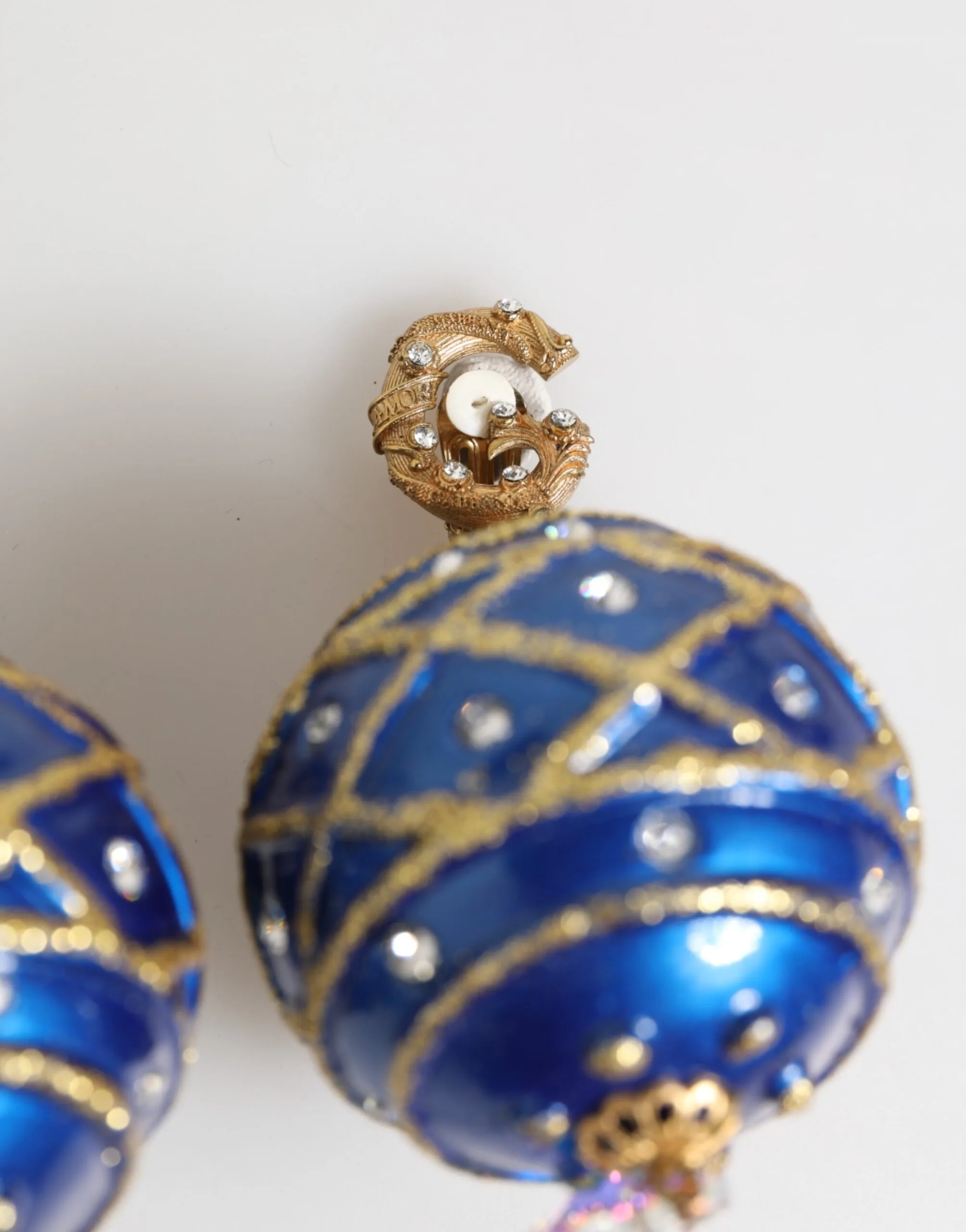 Gold Brass Blue Christmas Ball Crystal Drop Clip On Earrings - Image 5