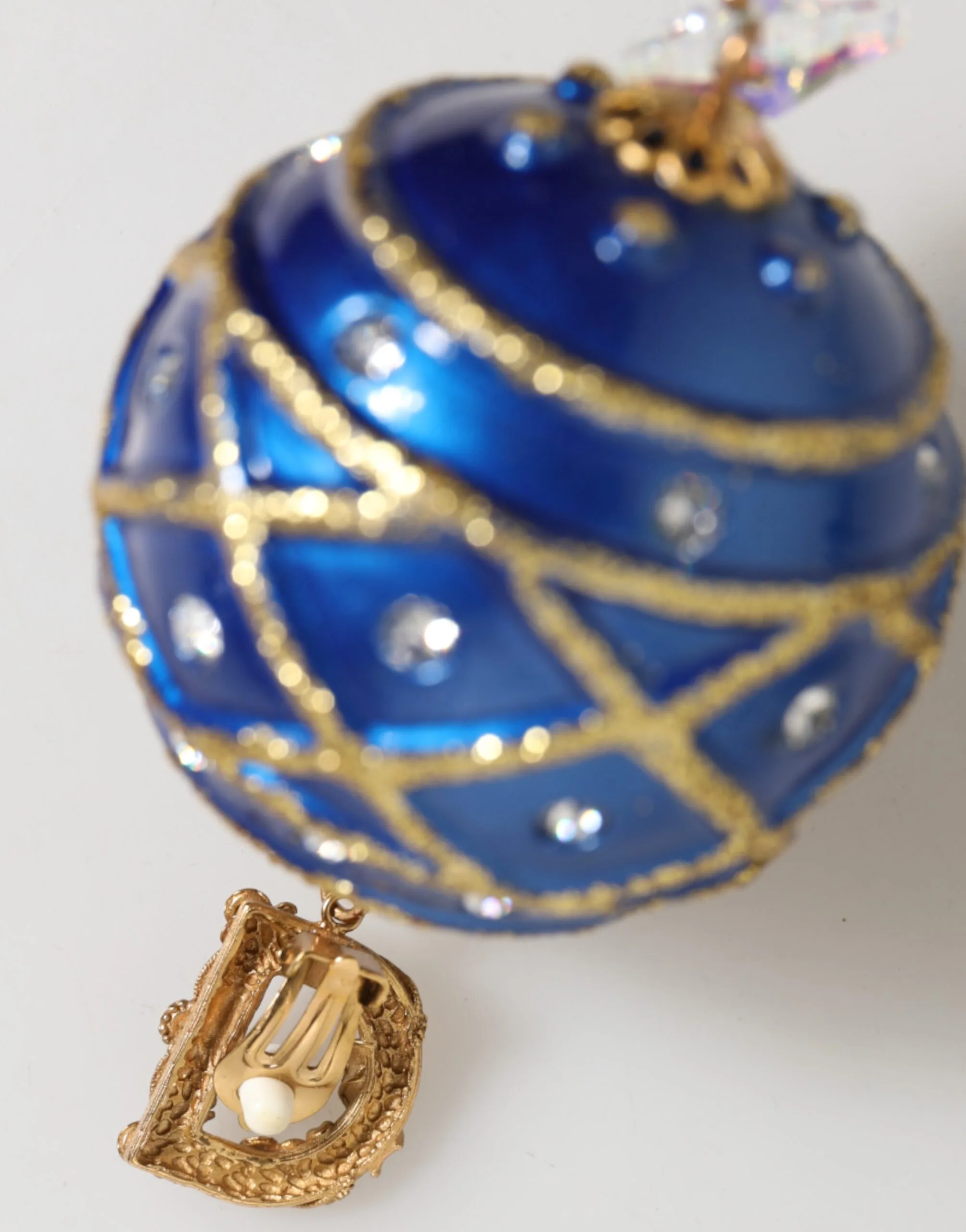 Gold Brass Blue Christmas Ball Crystal Drop Clip On Earrings - Image 6