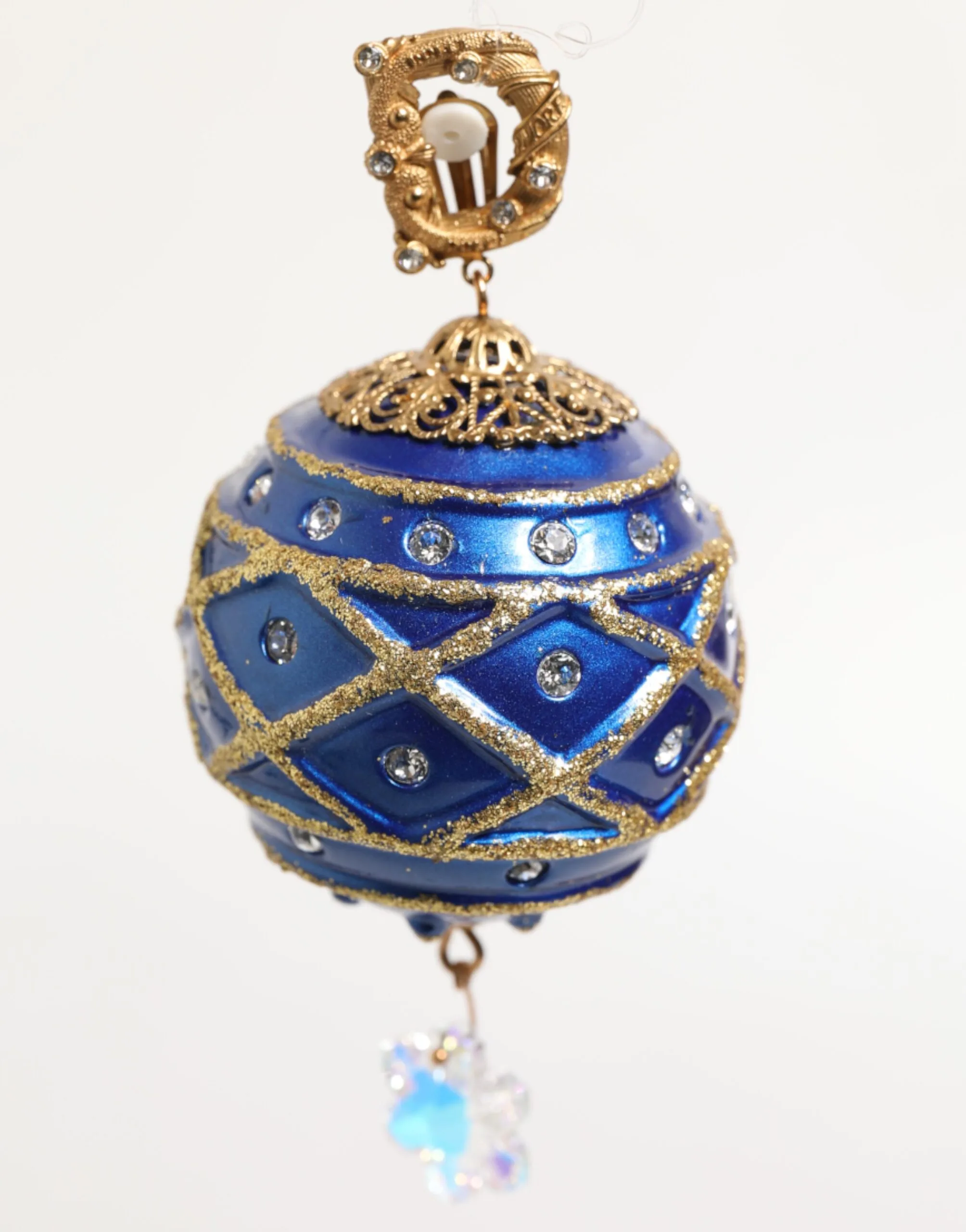 Gold Brass Blue Christmas Ball Crystal Drop Clip On Earrings - Image 7