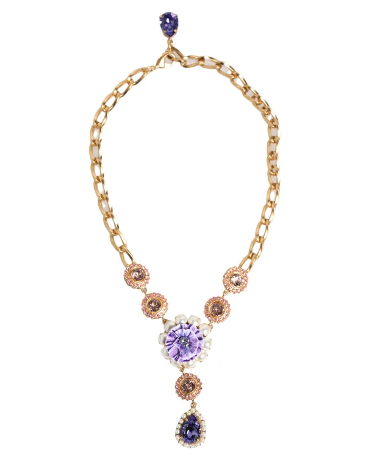 Gold Brass Crystal Pearl Purple Floral Pendant Jewelry Necklace