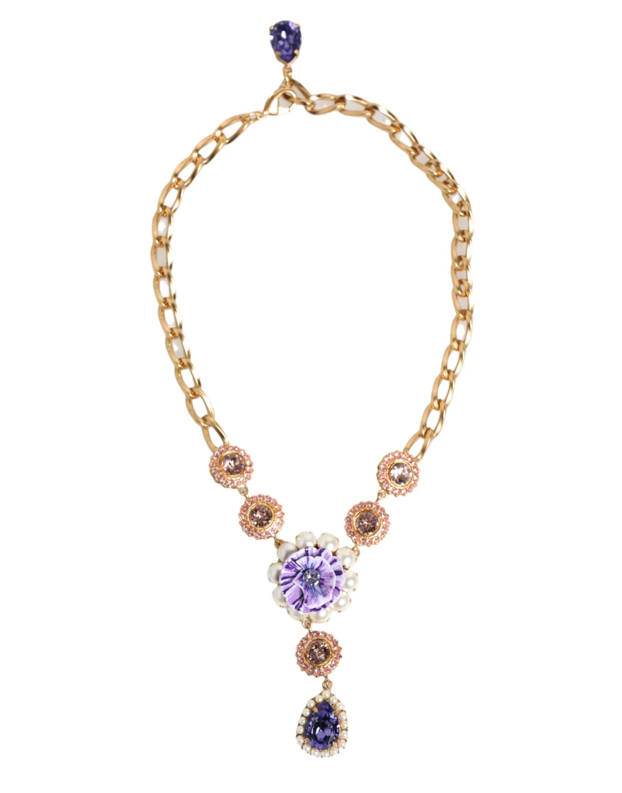 Gold Brass Crystal Pearl Purple Floral Pendant Jewelry Necklace