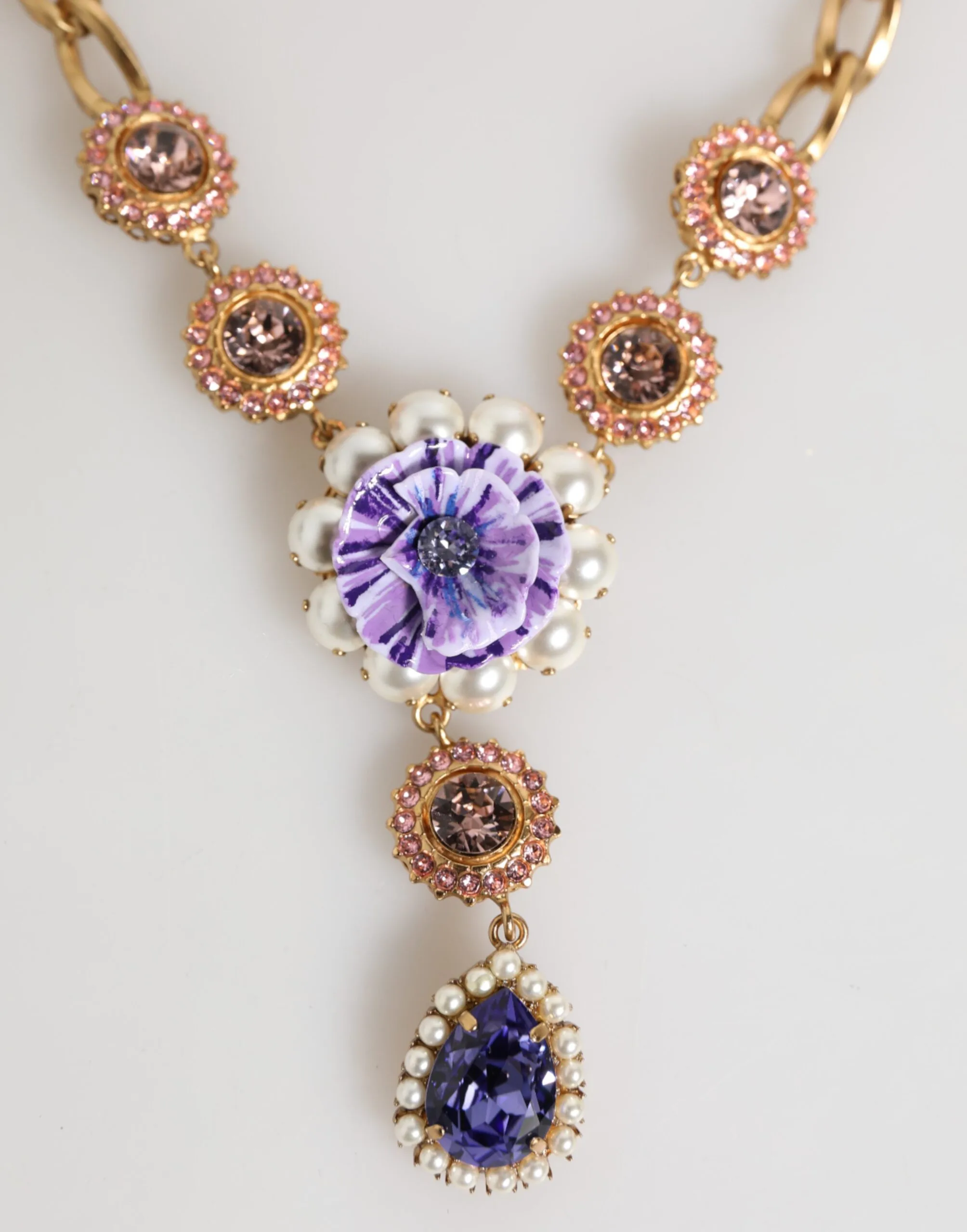 Gold Brass Crystal Pearl Purple Floral Pendant Jewelry Necklace - Image 2