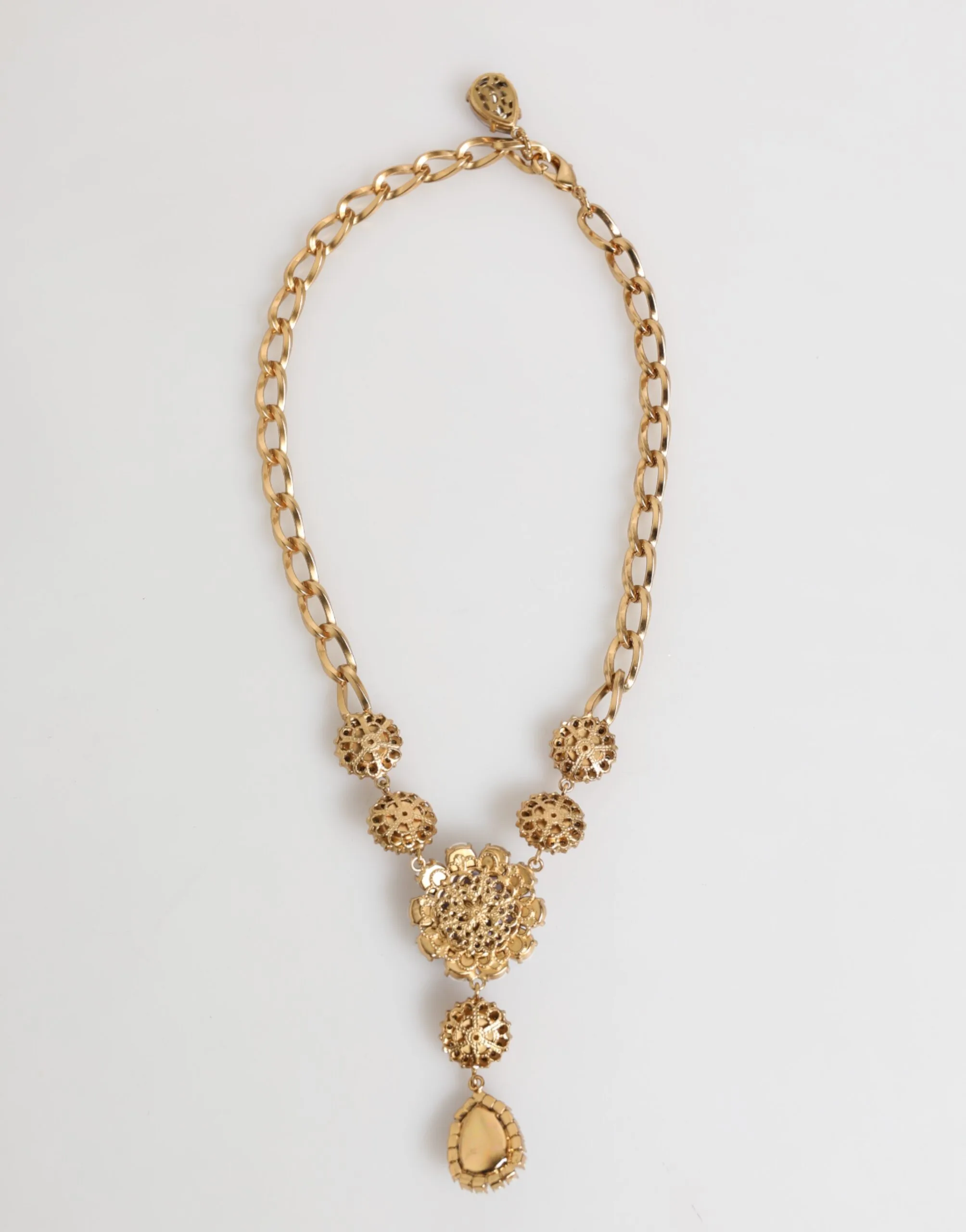Gold Brass Crystal Pearl Purple Floral Pendant Jewelry Necklace - Image 4