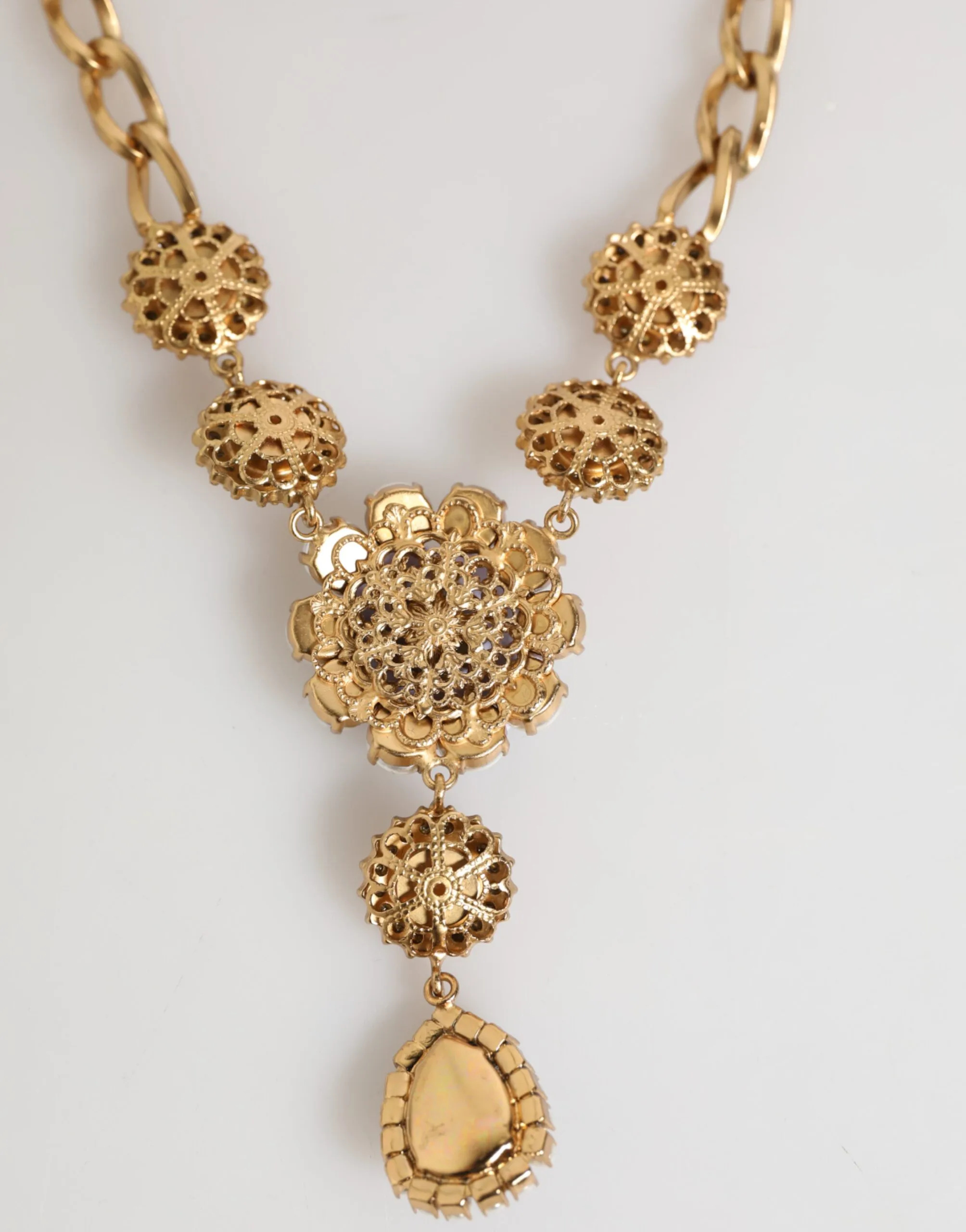 Gold Brass Crystal Pearl Purple Floral Pendant Jewelry Necklace - Image 5