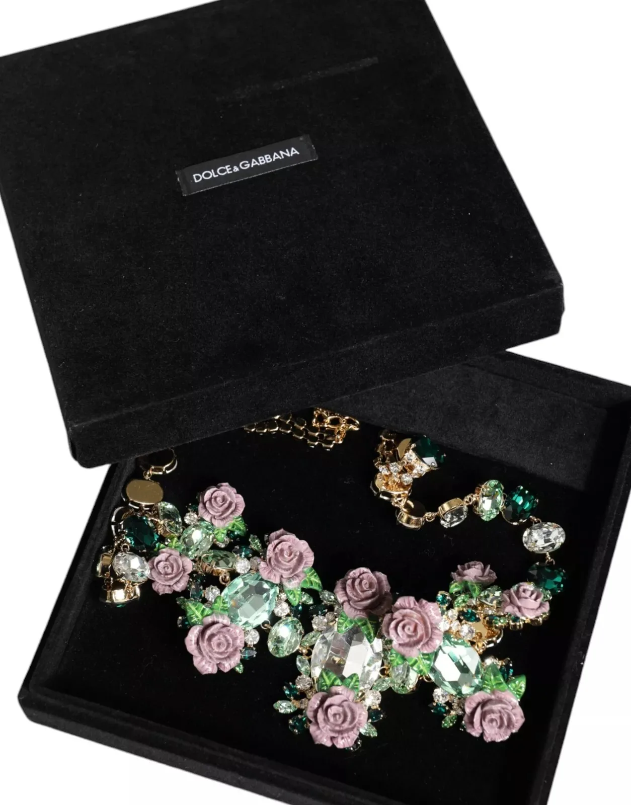 Gold Brass Link Chain Rose Petal Crystal Necklace - Image 2