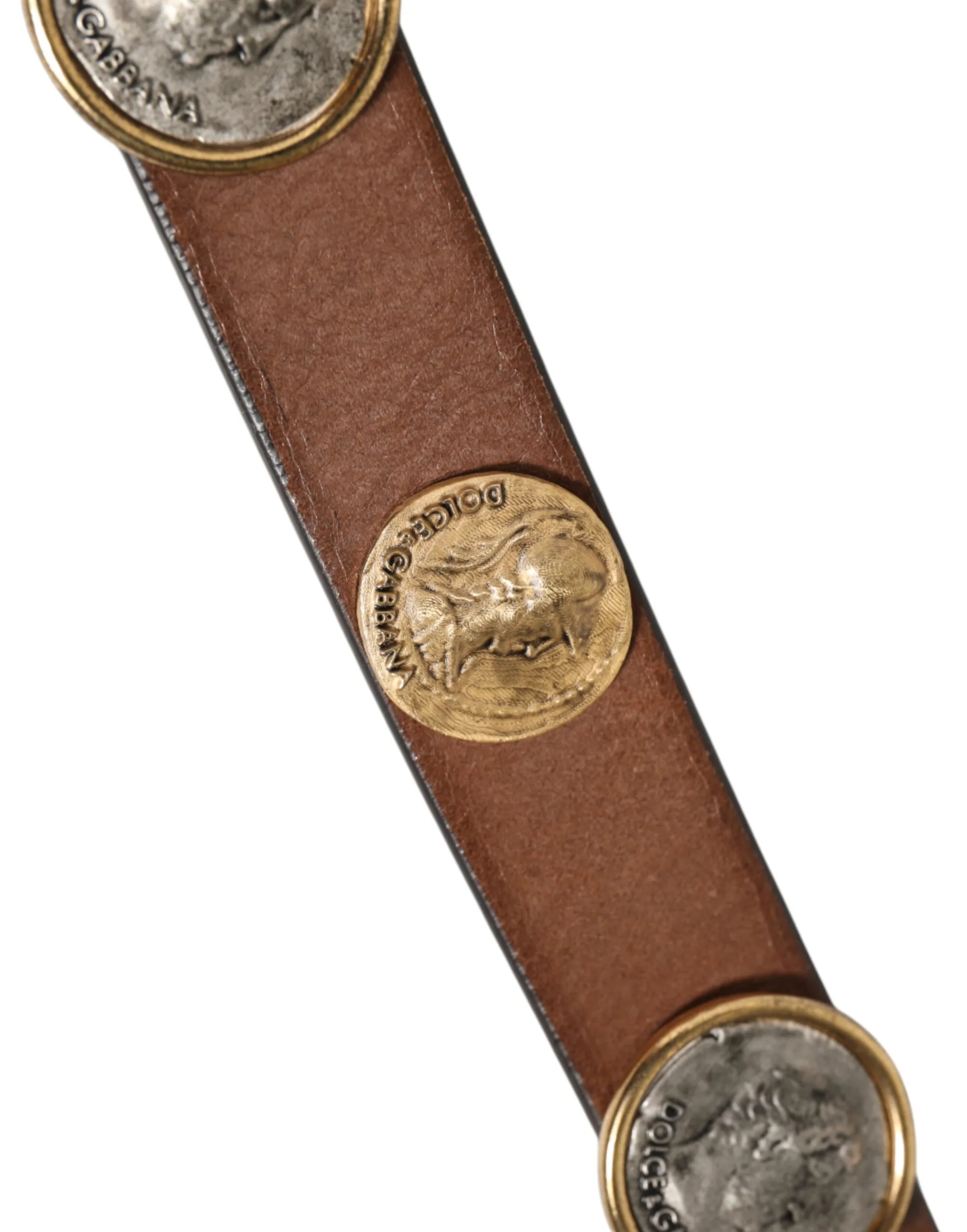 Brown Leather Gold Silver Coin Buckle Belt - Image 3