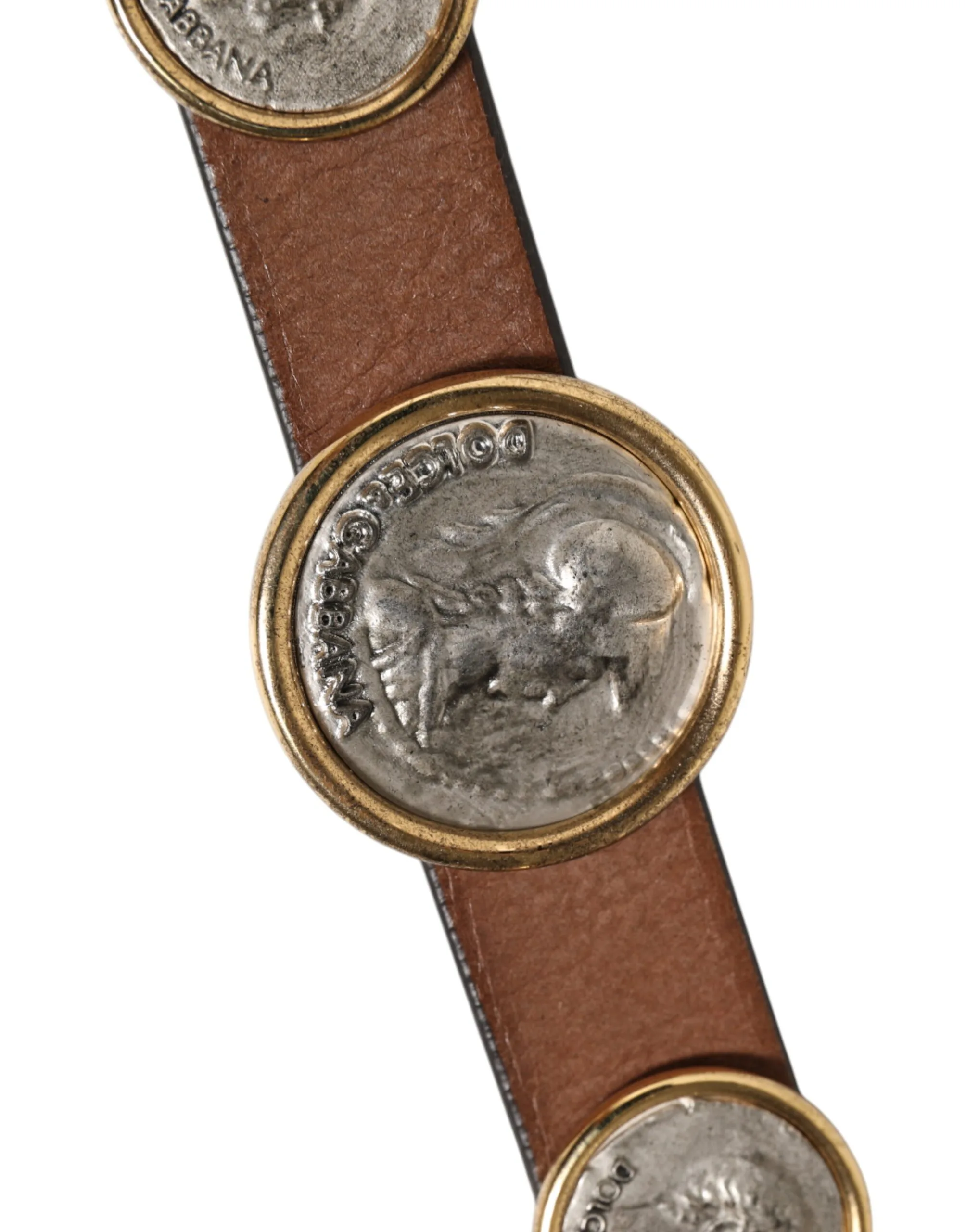Brown Leather Gold Silver Coin Buckle Belt - Image 4