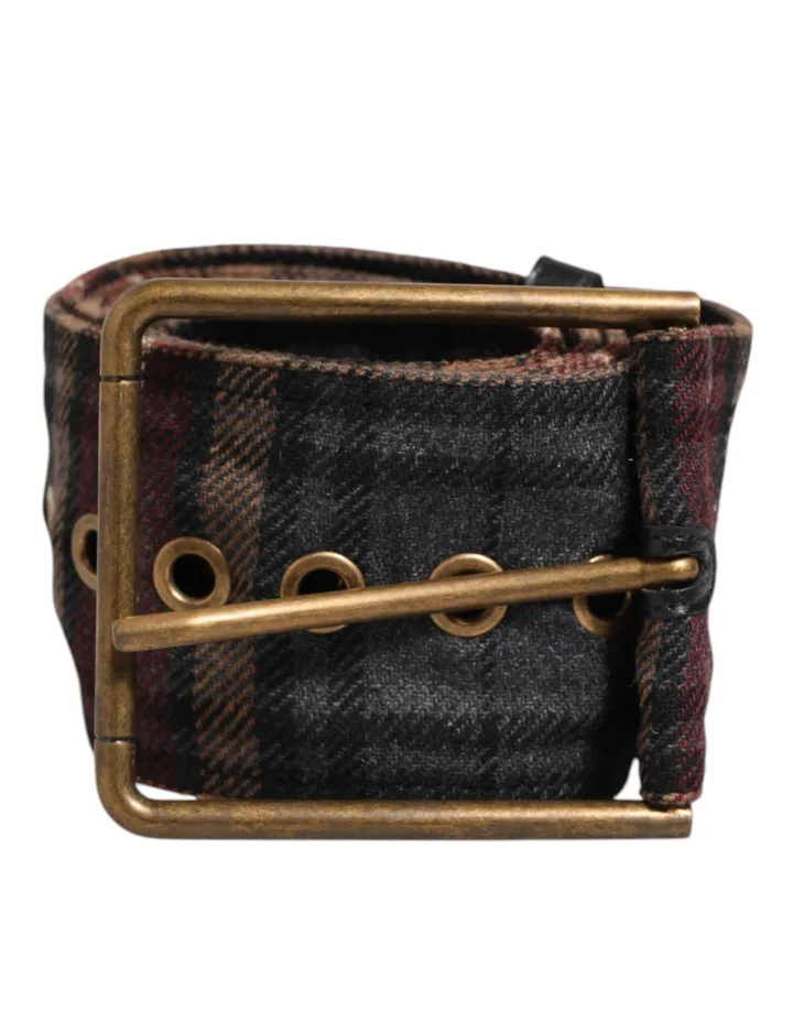 Plaid Fabric Logo Plate Brass Buckle Belt
