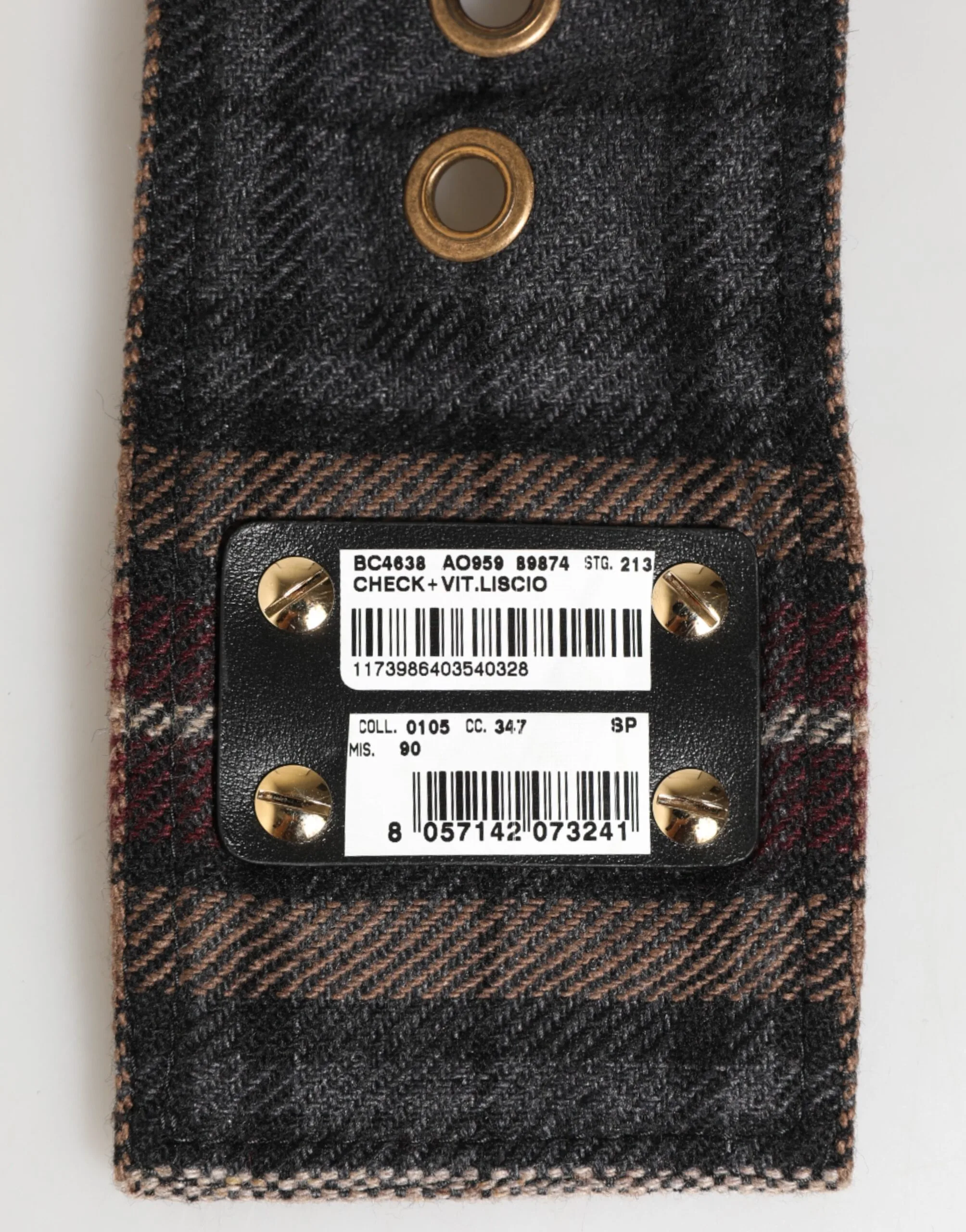 Plaid Fabric Logo Plate Brass Buckle Belt - Image 2