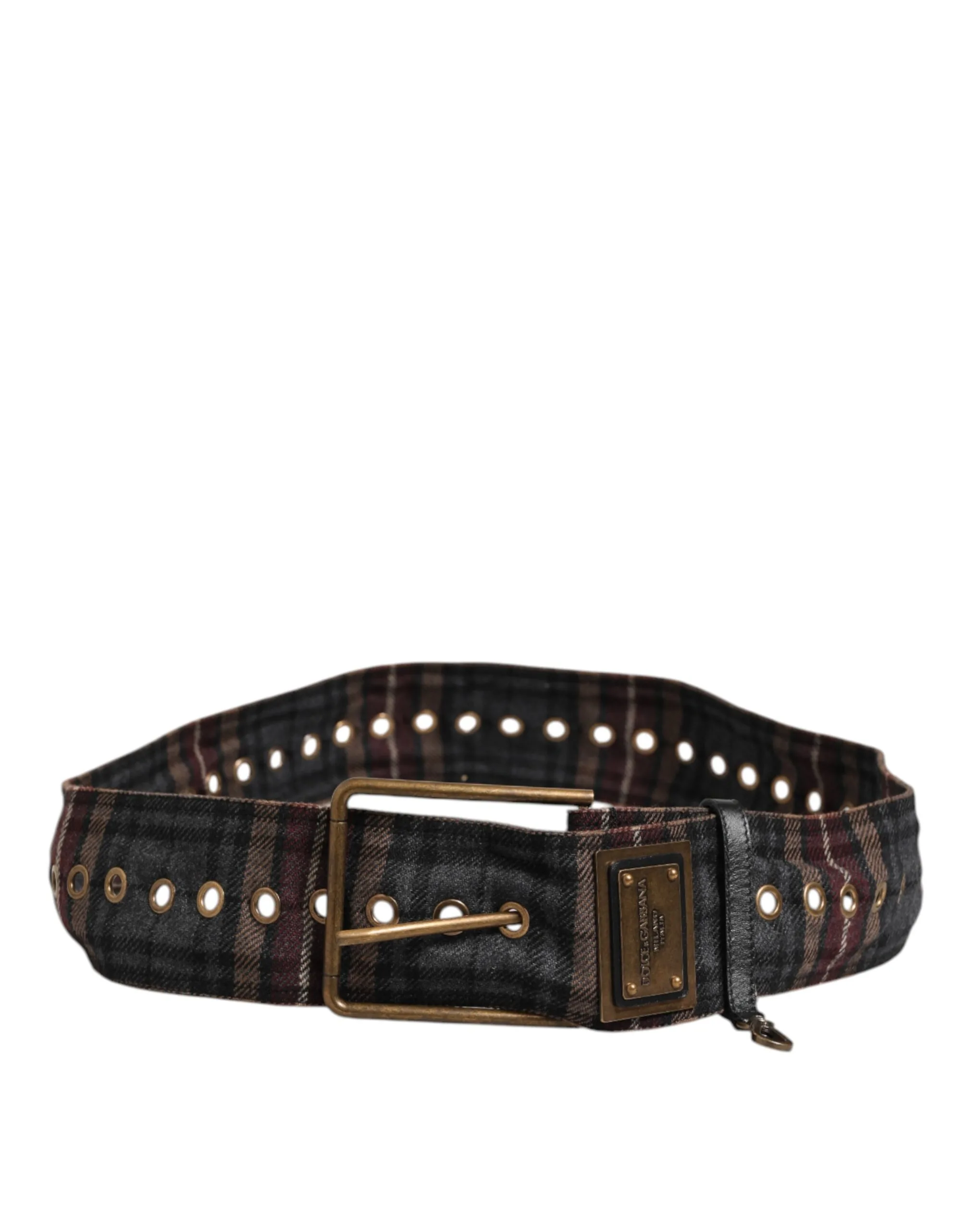 Plaid Fabric Logo Plate Brass Buckle Belt - Image 3