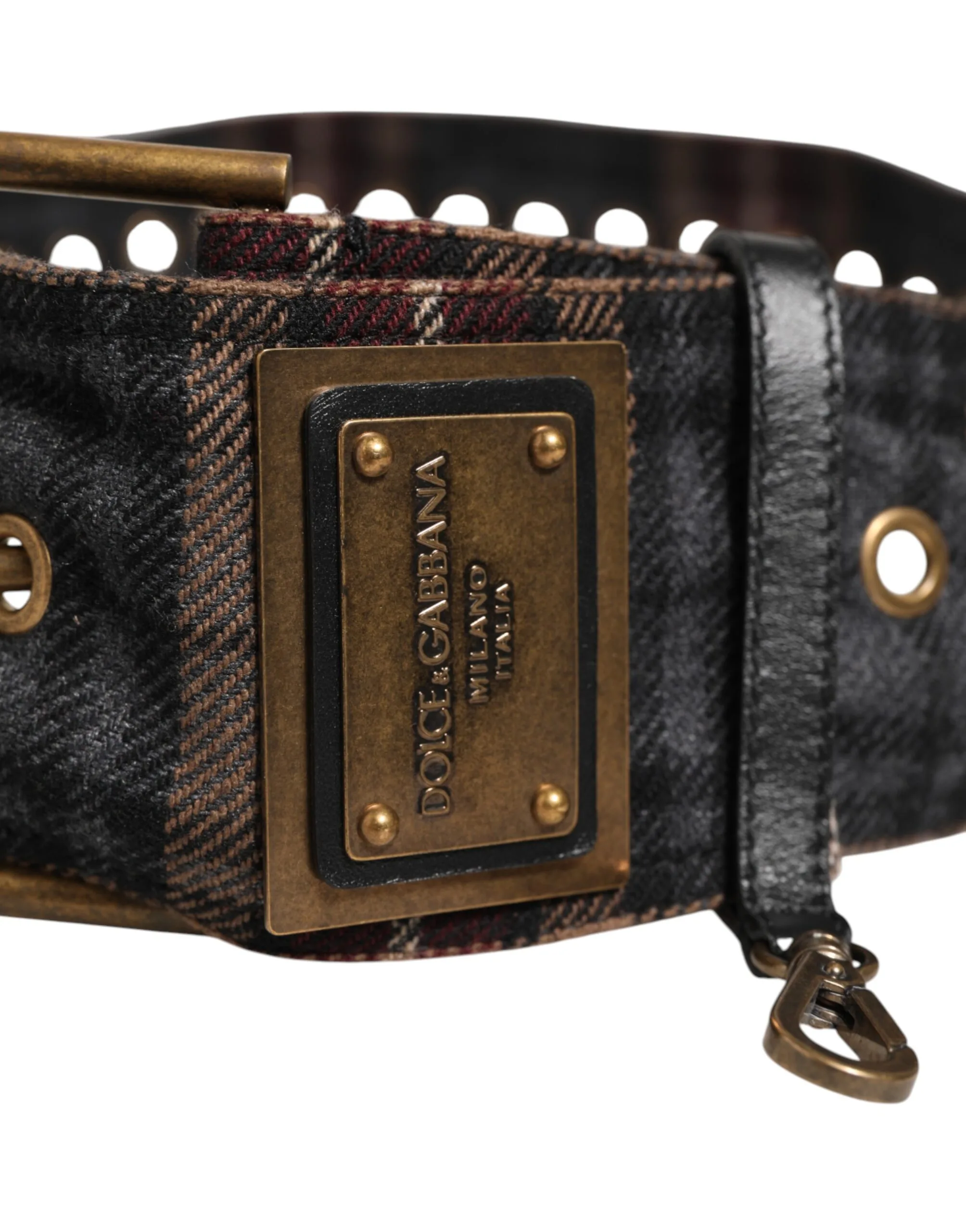 Plaid Fabric Logo Plate Brass Buckle Belt - Image 4