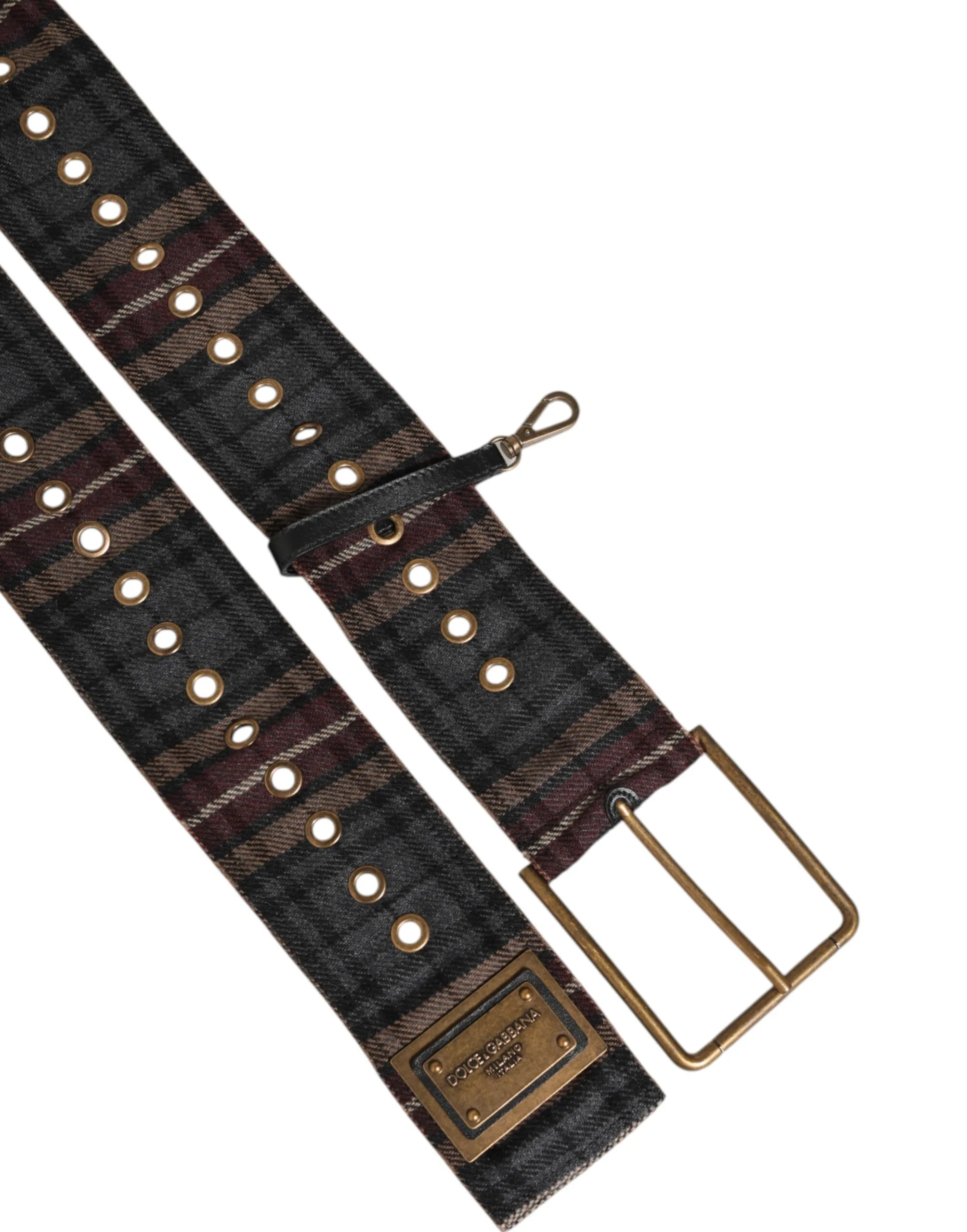 Plaid Fabric Logo Plate Brass Buckle Belt - Image 5