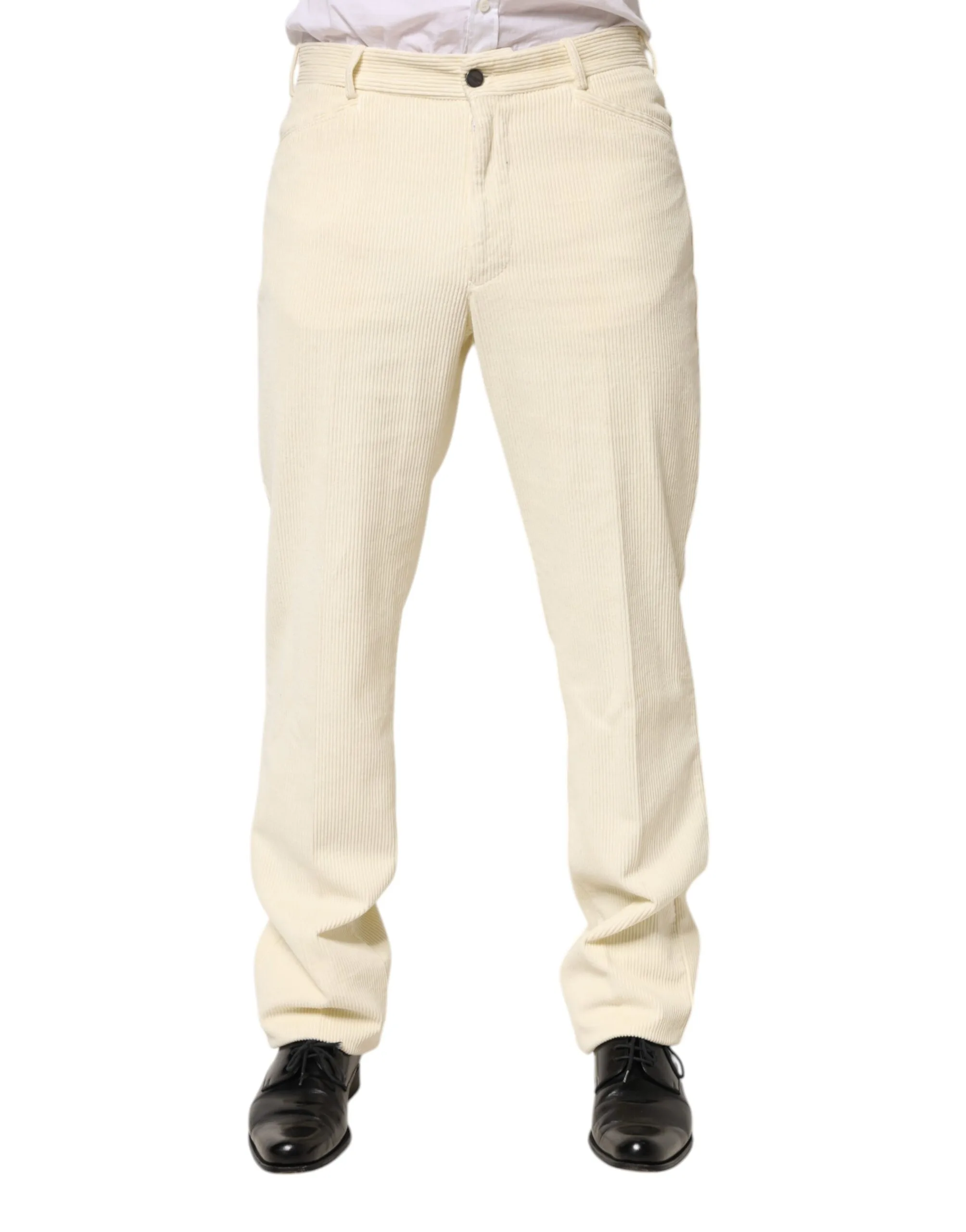 Beige Corduroy Cotton Straight-Leg Pants