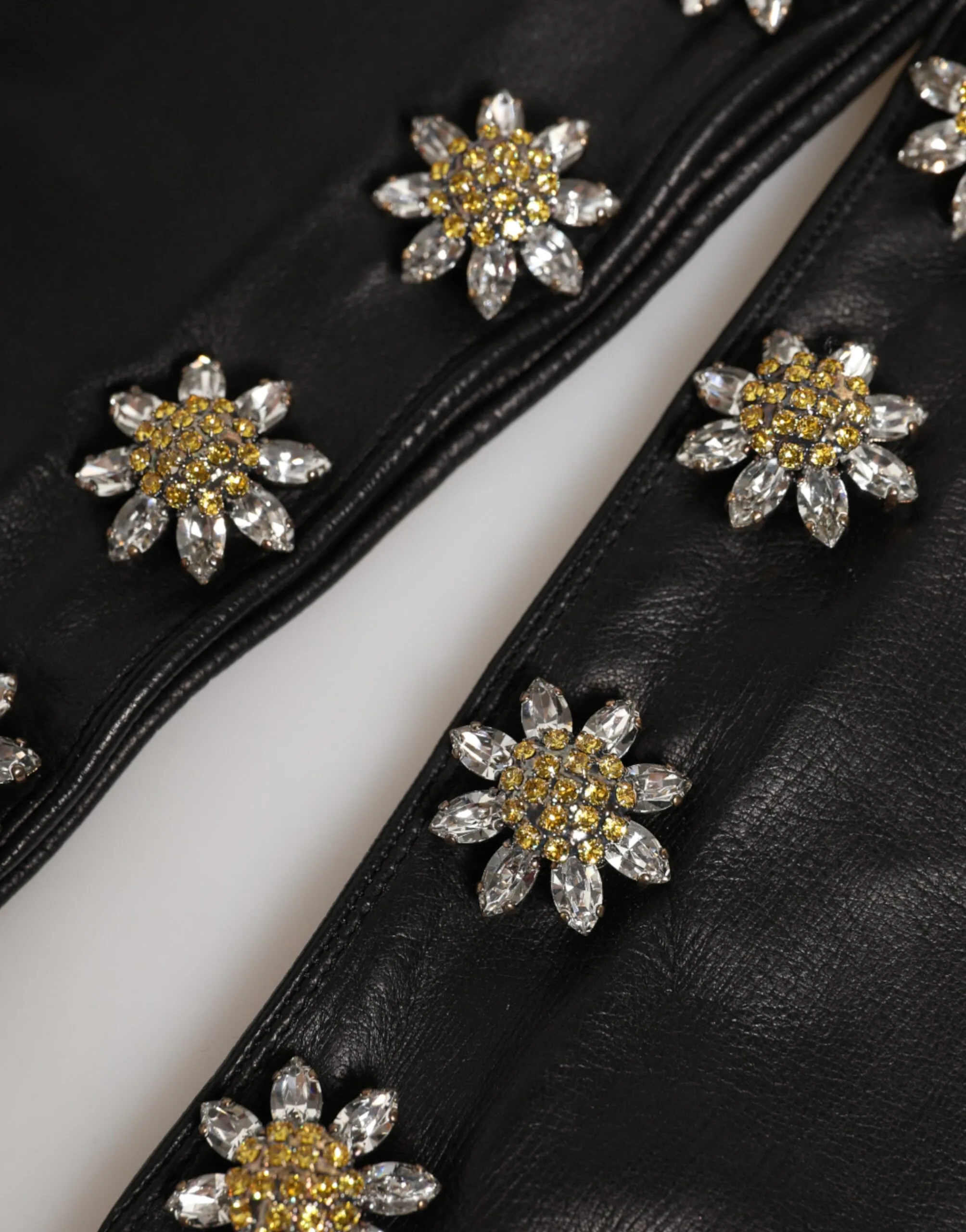 Black Leather Embellished Long Mitten Gloves - Image 3
