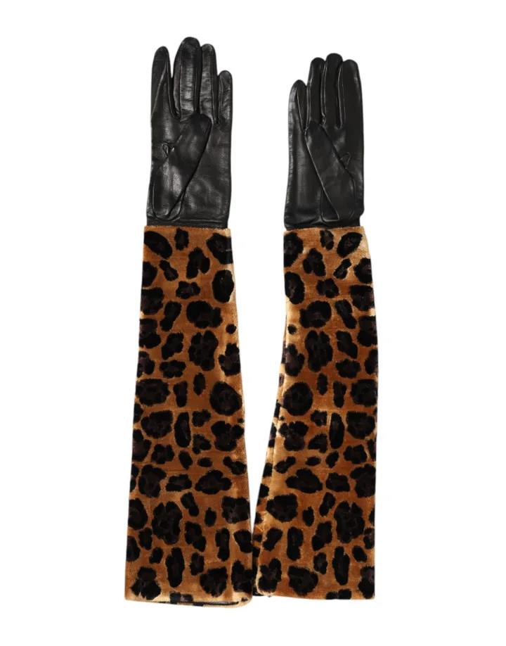 Brown Black Leopard Leather Elbow Length Mitten Gloves