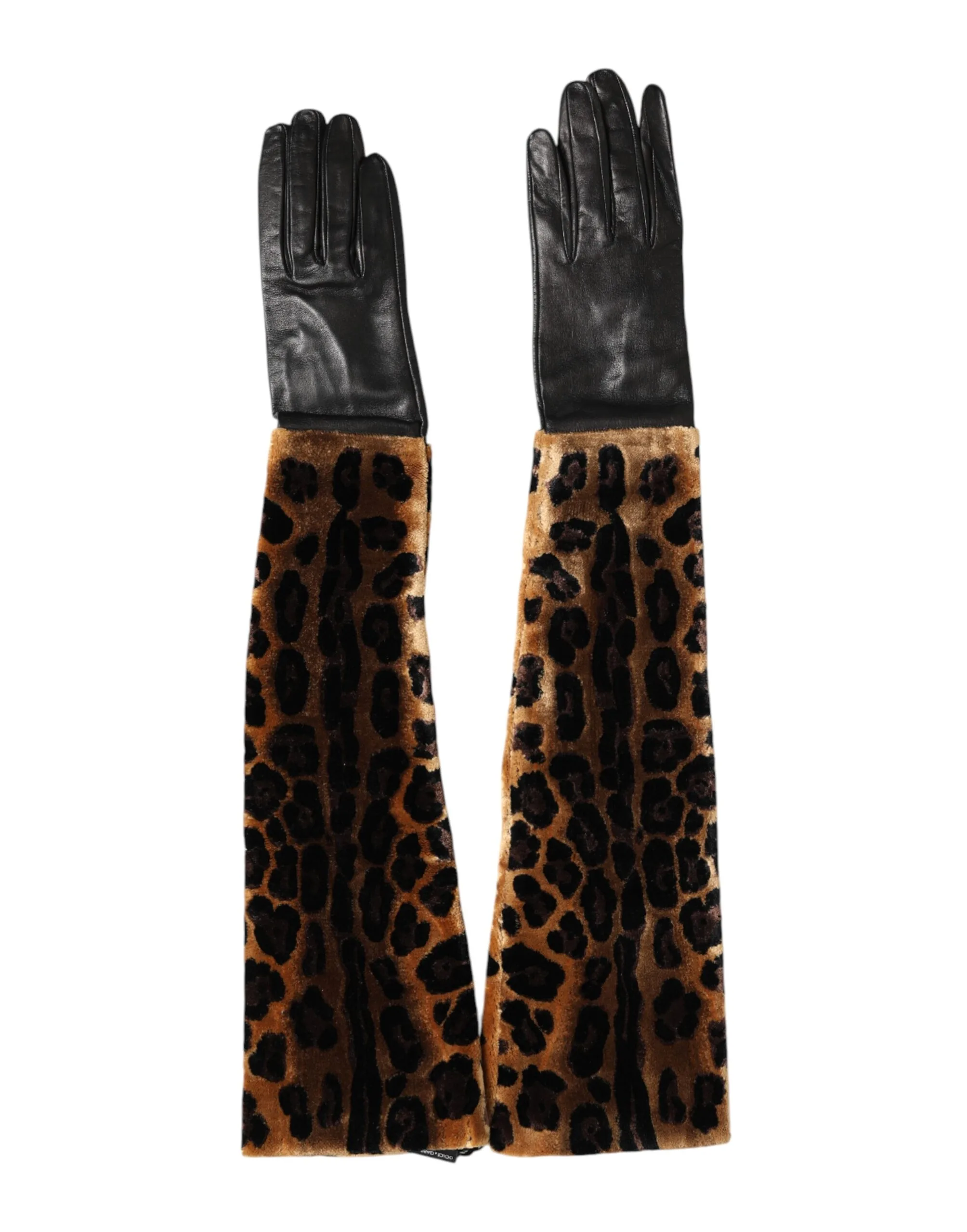 Brown Black Leopard Leather Elbow Length Mitten Gloves - Image 3