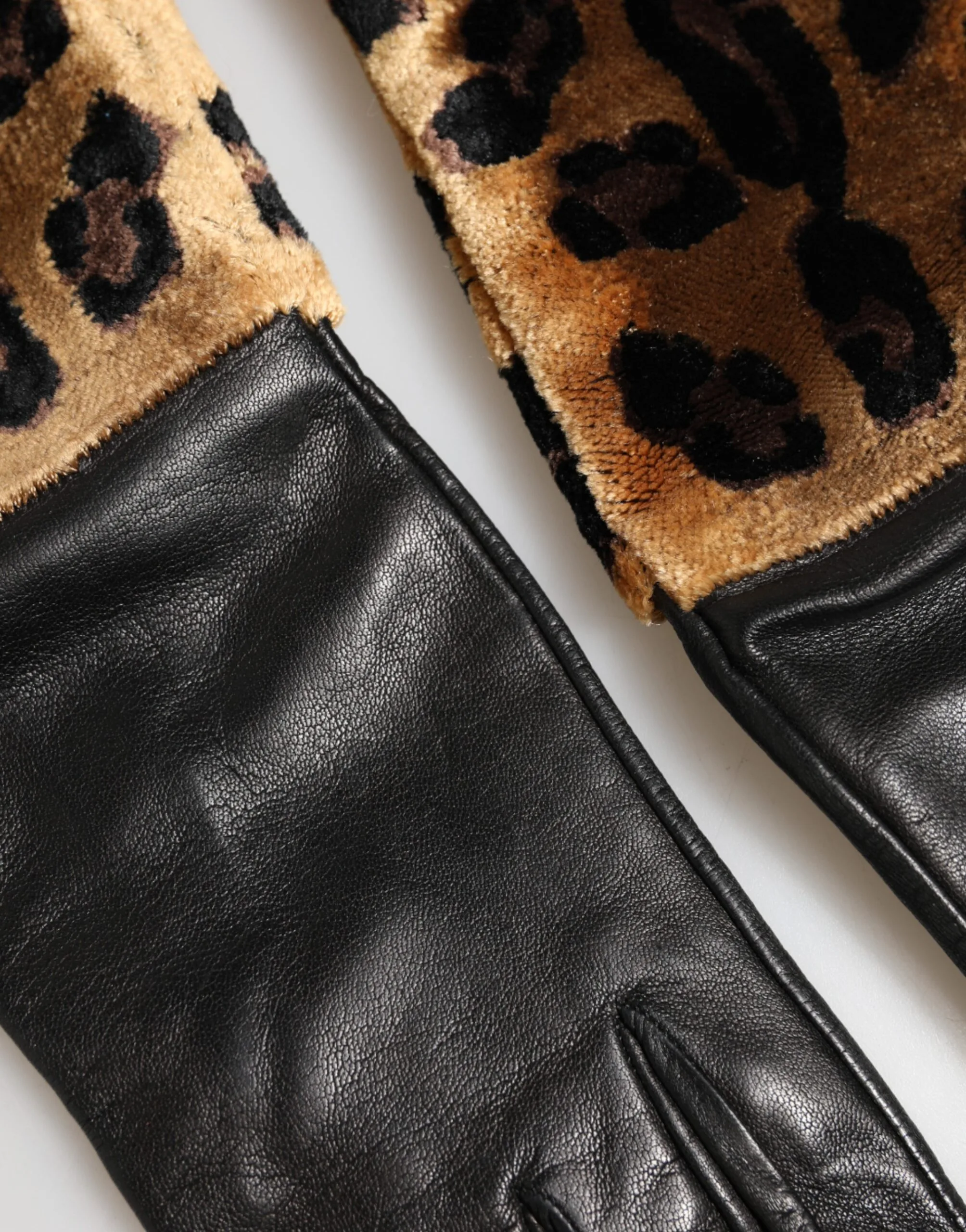 Brown Black Leopard Leather Elbow Length Mitten Gloves - Image 4